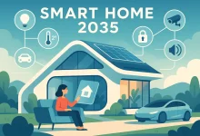 Illustrazione di una casa intelligente futuristica del 2035 con pannelli solari e tecnologie smart
